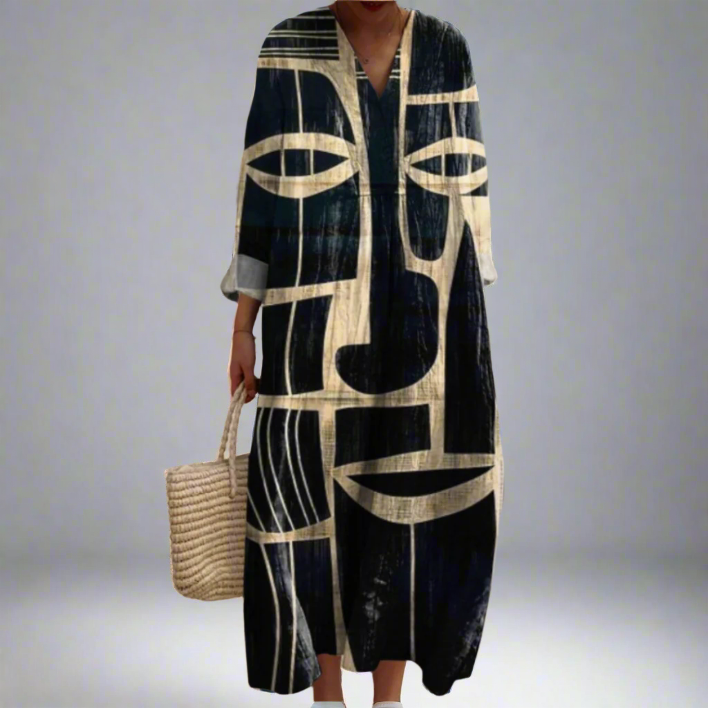 Artistic Long Sleeve Midi Dress - Unique Tribal Print for Effortless Style