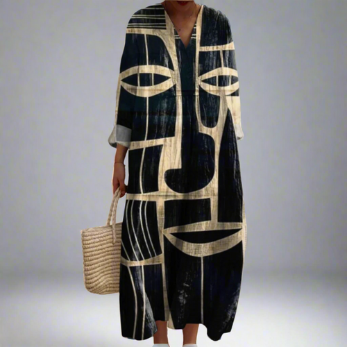 Artistic Long Sleeve Midi Dress - Unique Tribal Print for Effortless Style